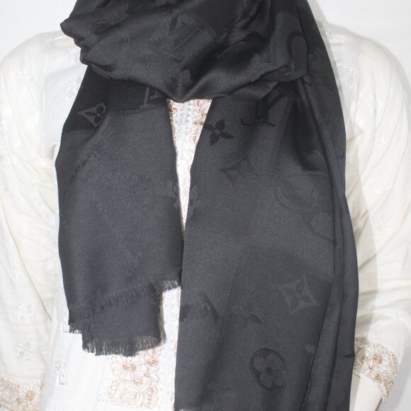 Louis Vuitton Stole Shawl Wrap 100% Silk Black Used - Picture 6 of 8